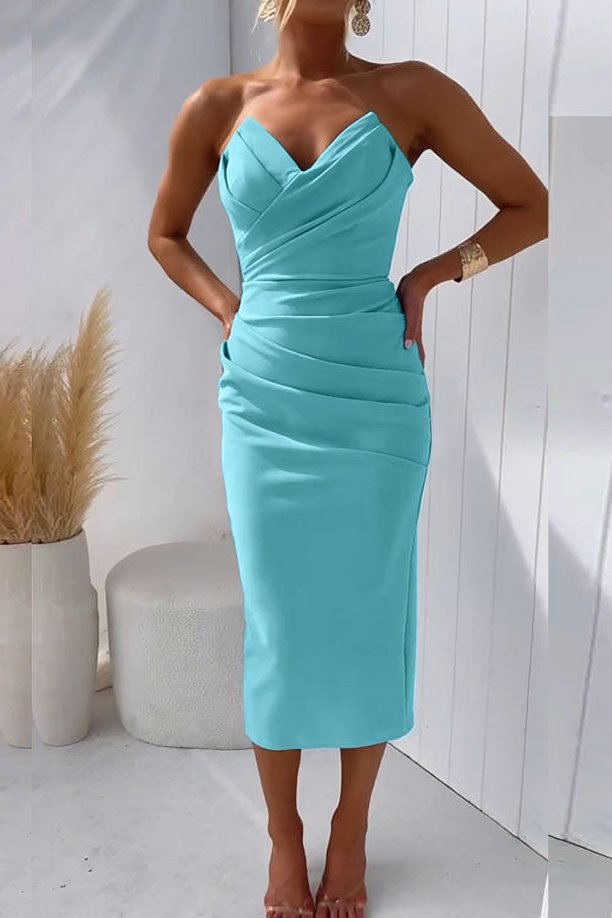 Elegant Ruched Midi Dress for Women with Sweetheart Neckline Strapless Bodycon Side Slit Cocktail Style