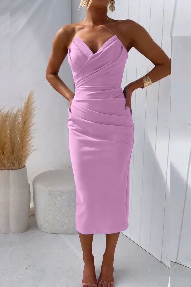 Elegant Ruched Midi Dress for Women with Sweetheart Neckline Strapless Bodycon Side Slit Cocktail Style