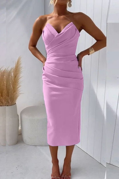 Elegant Ruched Midi Dress for Women with Sweetheart Neckline Strapless Bodycon Side Slit Cocktail Style