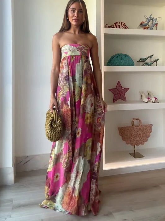 Effortless Multicolor Floral Autumn Wedding Guest Dress for Women with Strapless Sweetheart Tiered Flowing Bohemian Style