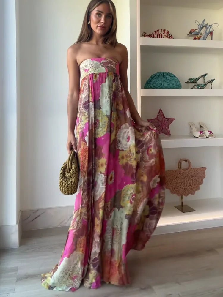 Effortless Multicolor Floral Autumn Wedding Guest Dress for Women with Strapless Sweetheart Tiered Flowing Bohemian Style