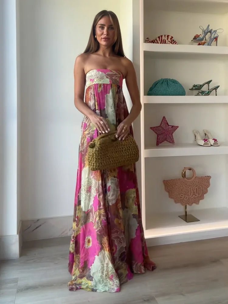 Effortless Multicolor Floral Autumn Wedding Guest Dress for Women with Strapless Sweetheart Tiered Flowing Bohemian Style