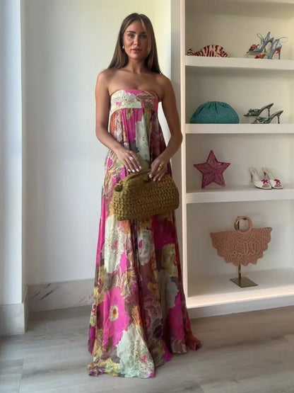 Effortless Multicolor Floral Autumn Wedding Guest Dress for Women with Strapless Sweetheart Tiered Flowing Bohemian Style