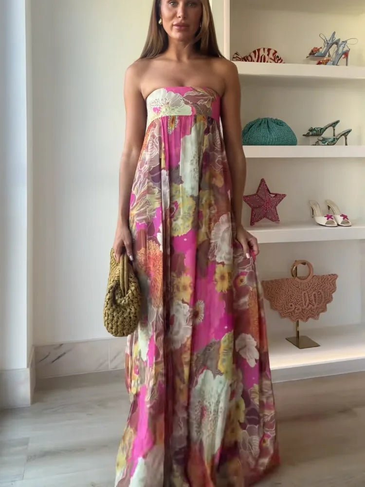 Effortless Multicolor Floral Autumn Wedding Guest Dress for Women with Strapless Sweetheart Tiered Flowing Bohemian Style