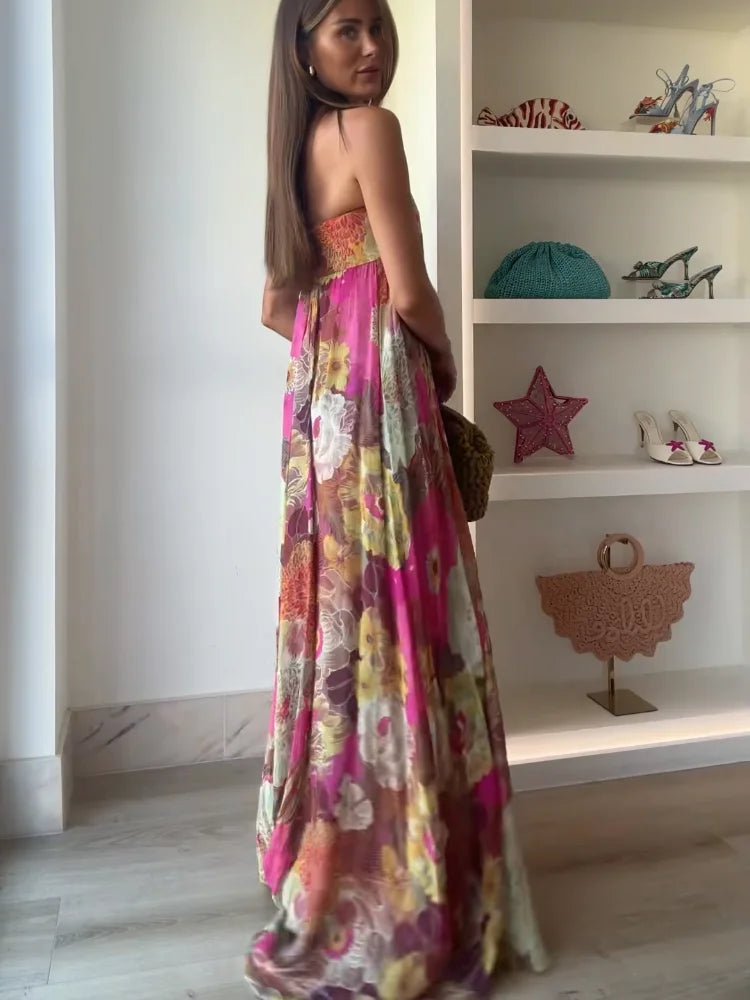Effortless Multicolor Floral Autumn Wedding Guest Dress for Women with Strapless Sweetheart Tiered Flowing Bohemian Style