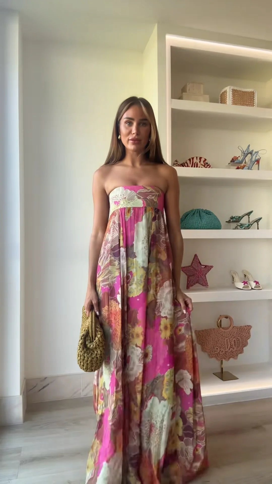 Effortless Multicolor Floral Autumn Wedding Guest Dress for Women with Strapless Sweetheart Tiered Flowing Bohemian Style