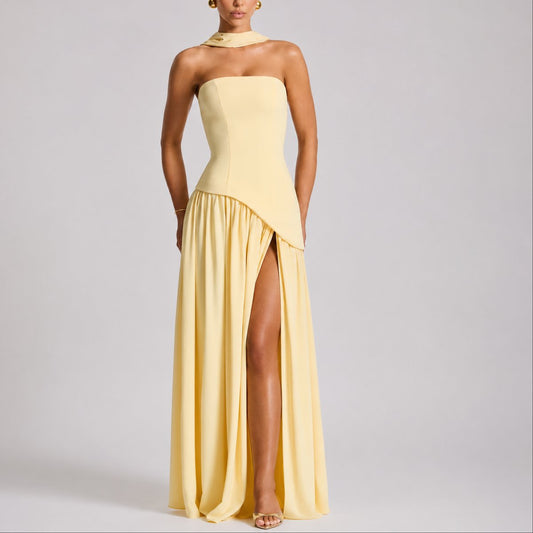 Elegant Draped Autumn Wedding Guest Dress for Women with Halter Strapless Lace Up High Slit Formal Style