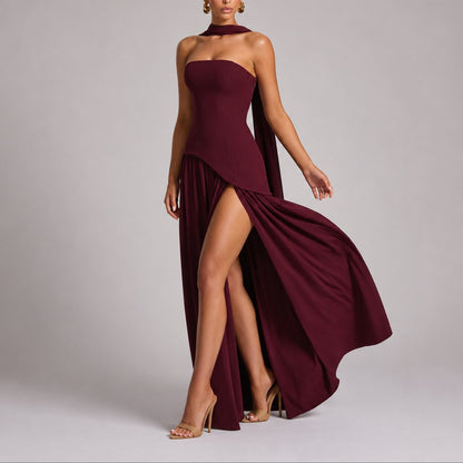 Elegant Draped Autumn Wedding Guest Dress for Women with Halter Strapless Lace Up High Slit Formal Style