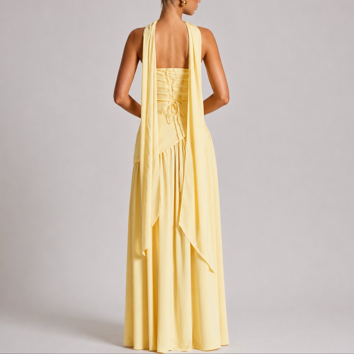 Elegant Draped Autumn Wedding Guest Dress for Women with Halter Strapless Lace Up High Slit Formal Style