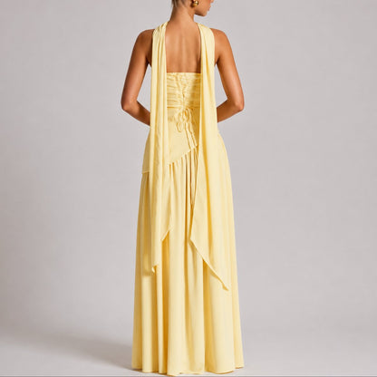 Elegant Draped Autumn Wedding Guest Dress for Women with Halter Strapless Lace Up High Slit Formal Style