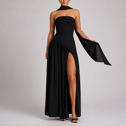 Elegant Draped Autumn Wedding Guest Dress for Women with Halter Strapless Lace Up High Slit Formal Style