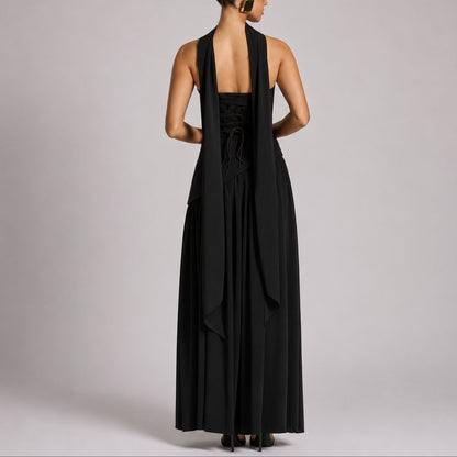 Elegant Draped Autumn Wedding Guest Dress for Women with Halter Strapless Lace Up High Slit Formal Style