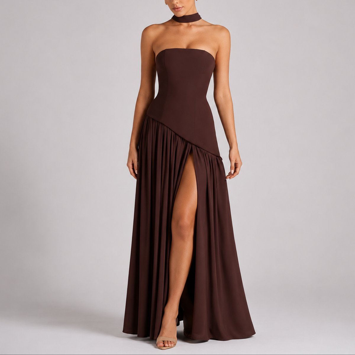 Elegant Draped Autumn Wedding Guest Dress for Women with Halter Strapless Lace Up High Slit Formal Style