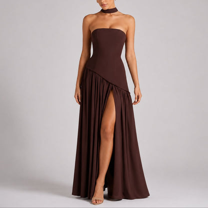 Elegant Draped Autumn Wedding Guest Dress for Women with Halter Strapless Lace Up High Slit Formal Style