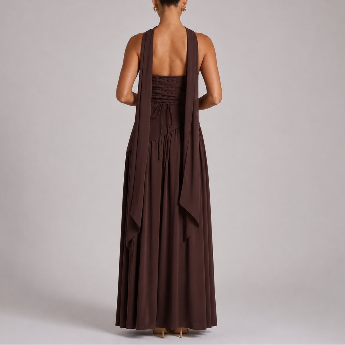 Elegant Draped Autumn Wedding Guest Dress for Women with Halter Strapless Lace Up High Slit Formal Style
