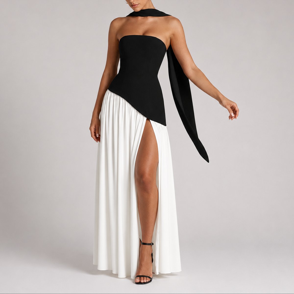 Elegant Draped Autumn Wedding Guest Dress for Women with Halter Strapless Lace Up High Slit Formal Style