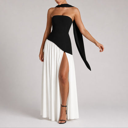 Elegant Draped Autumn Wedding Guest Dress for Women with Halter Strapless Lace Up High Slit Formal Style
