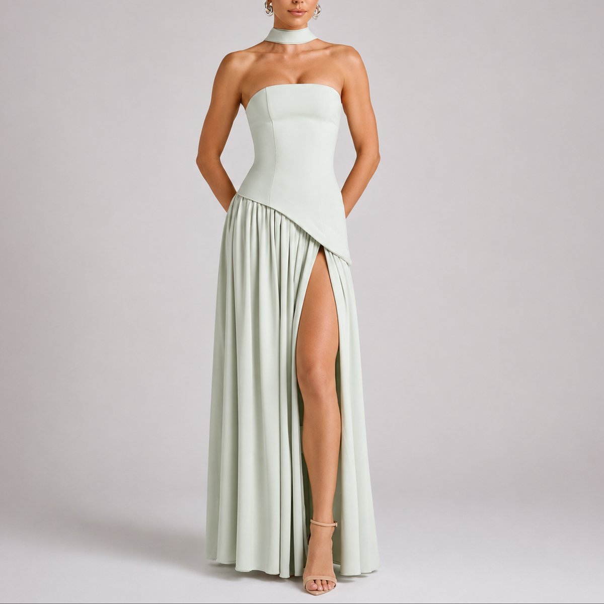 Elegant Draped Autumn Wedding Guest Dress for Women with Halter Strapless Lace Up High Slit Formal Style