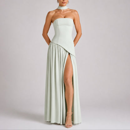 Elegant Draped Autumn Wedding Guest Dress for Women with Halter Strapless Lace Up High Slit Formal Style