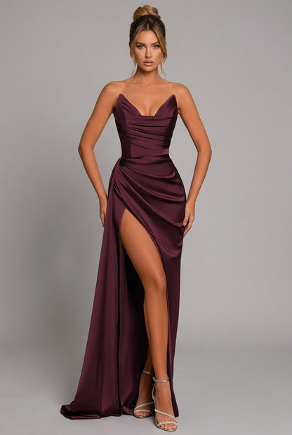 Elegant Satin Maxi Dress for Women with Cowl Neck Strapless Ruched High Slit Formal Wedding Guest Style