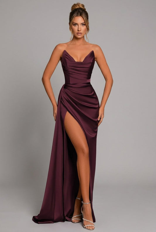 Elegant Satin Maxi Dress for Women with Cowl Neck Strapless Ruched High Slit Formal Wedding Guest Style