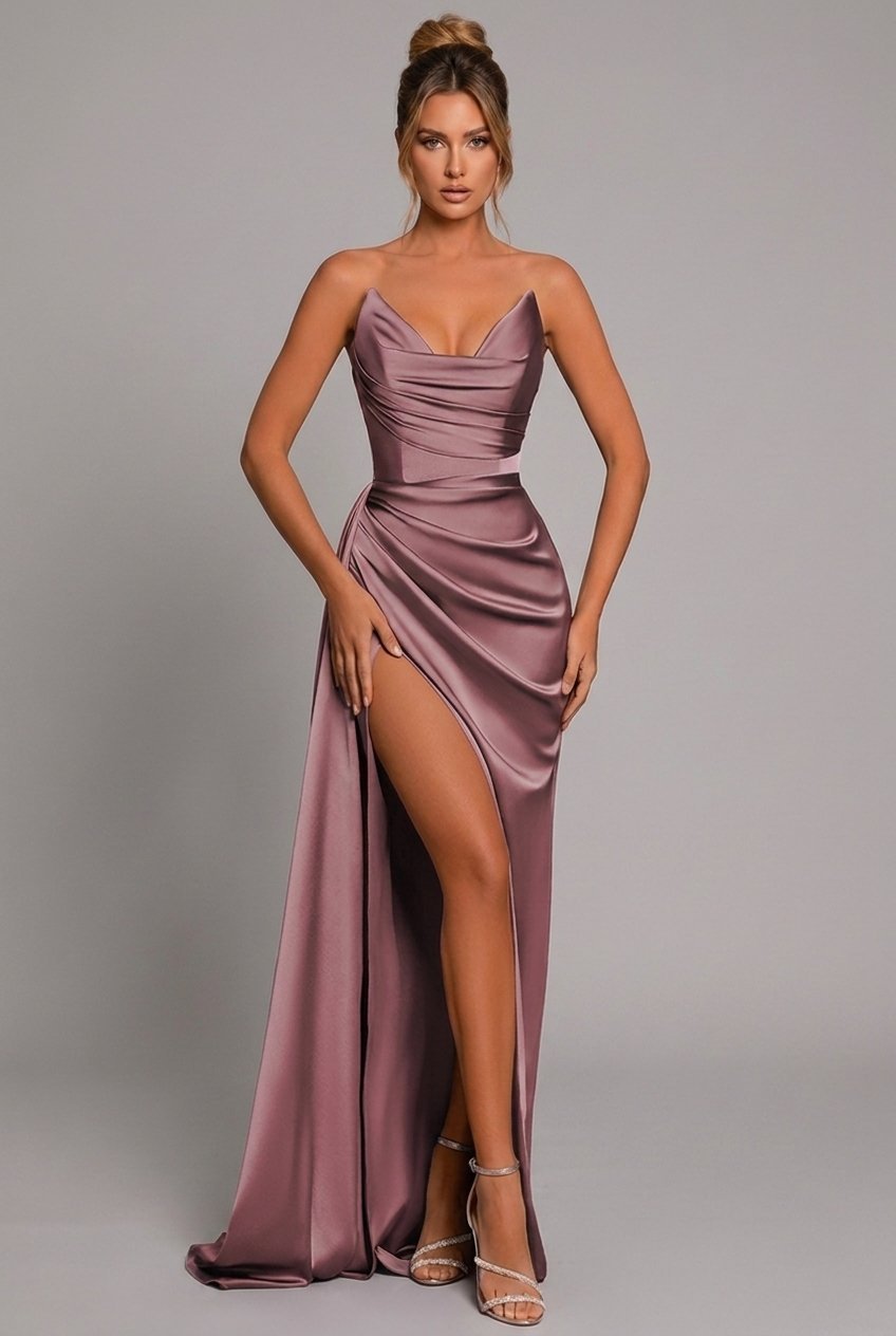 Elegant Satin Maxi Dress for Women with Cowl Neck Strapless Ruched High Slit Formal Wedding Guest Style