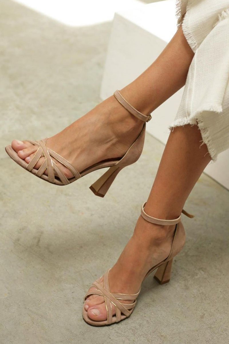 Elegant Beige Strappy Sandal for Women with Crisscross Vamp Ankle Strap Block Heel Style