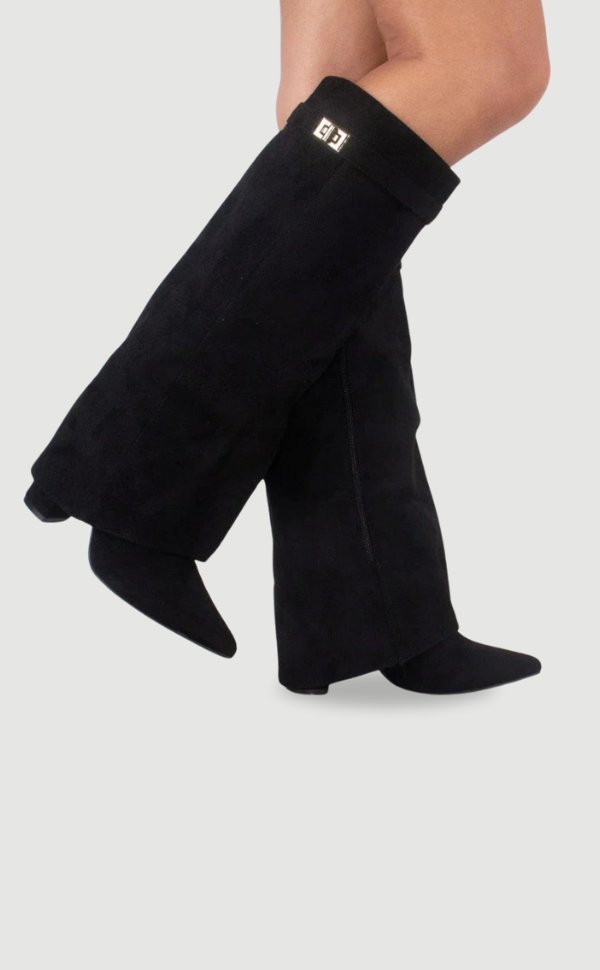 Stylish Suede Foldover Boot for Women with Pointed Toe Block Heel Gold Buckle Style