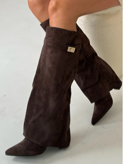 Stylish Suede Foldover Boot for Women with Pointed Toe Block Heel Gold Buckle Style