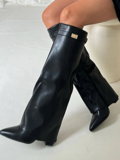 Stylish Suede Foldover Boot for Women with Pointed Toe Block Heel Gold Buckle Style