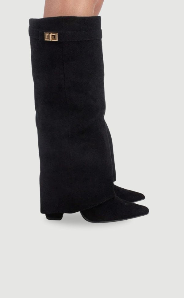 Stylish Suede Foldover Boot for Women with Pointed Toe Block Heel Gold Buckle Style