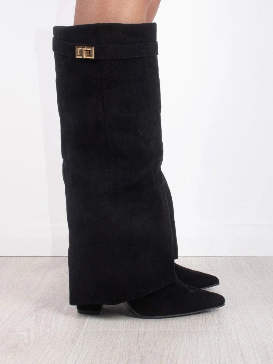 Stylish Suede Foldover Boot for Women with Pointed Toe Block Heel Gold Buckle Style