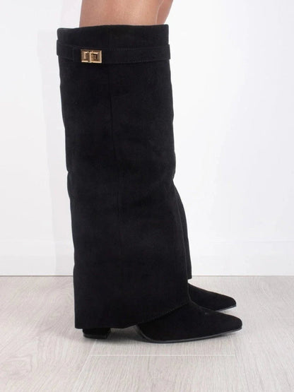 Stylish Suede Foldover Boot for Women with Pointed Toe Block Heel Gold Buckle Style
