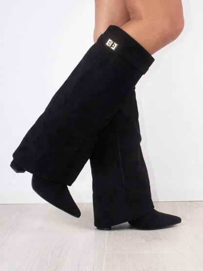 Stylish Suede Foldover Boot for Women with Pointed Toe Block Heel Gold Buckle Style