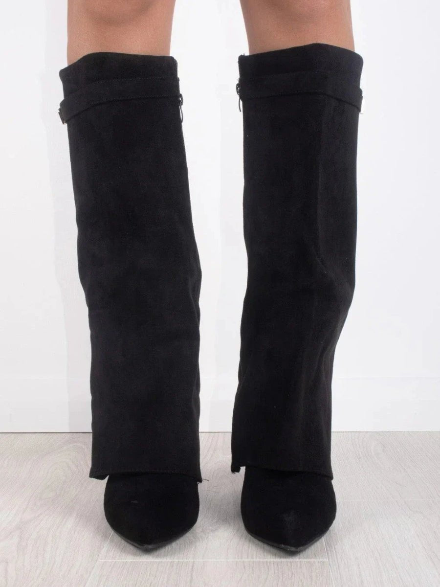 Stylish Suede Foldover Boot for Women with Pointed Toe Block Heel Gold Buckle Style