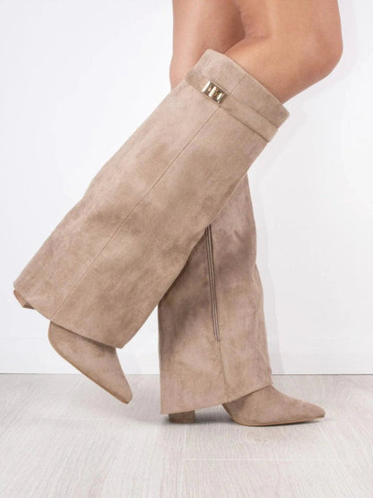 Stylish Suede Foldover Boot for Women with Pointed Toe Block Heel Gold Buckle Style