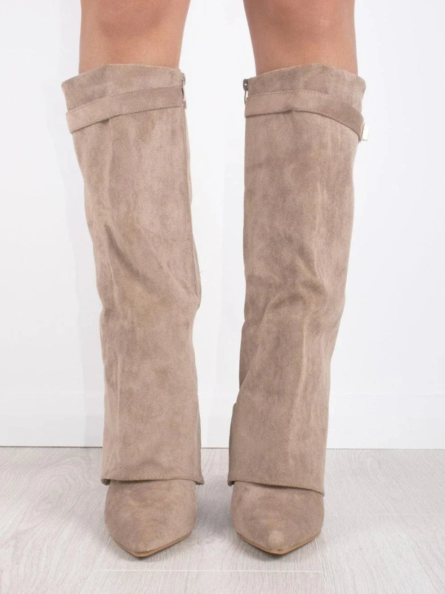 Stylish Suede Foldover Boot for Women with Pointed Toe Block Heel Gold Buckle Style