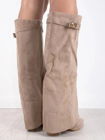 Stylish Suede Foldover Boot for Women with Pointed Toe Block Heel Gold Buckle Style