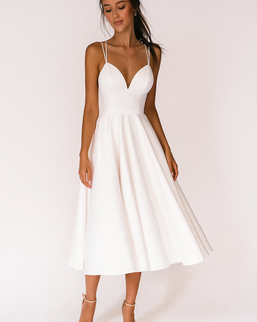 Elegant Satin Midi Dress for Women with V Neck Spaghetti Strap Crisscross Back Fit Flare Wedding Guest Style
