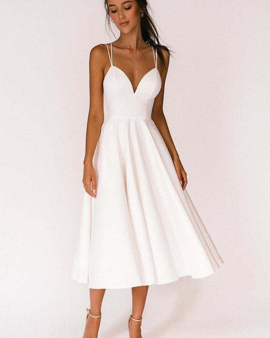 Elegant Satin Midi Dress for Women with V Neck Spaghetti Strap Crisscross Back Fit Flare Wedding Guest Style