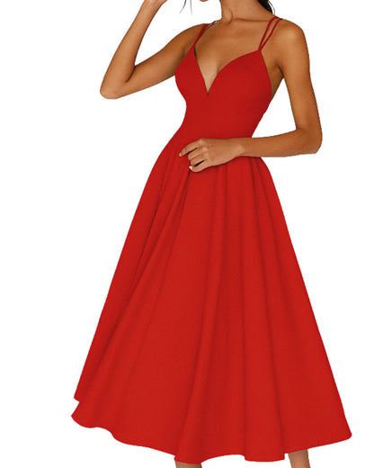 Elegant Satin Midi Dress for Women with V Neck Spaghetti Strap Crisscross Back Fit Flare Wedding Guest Style
