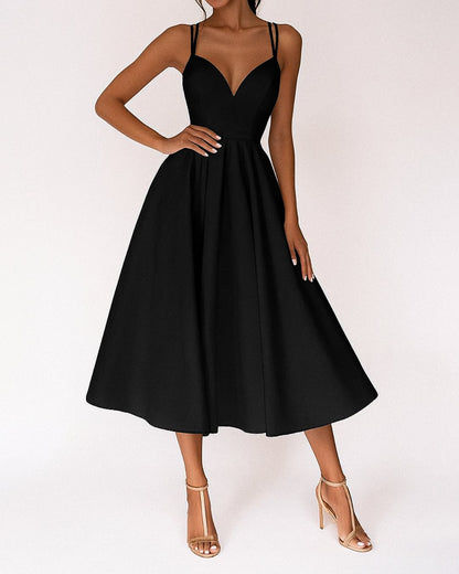 Elegant Satin Midi Dress for Women with V Neck Spaghetti Strap Crisscross Back Fit Flare Wedding Guest Style