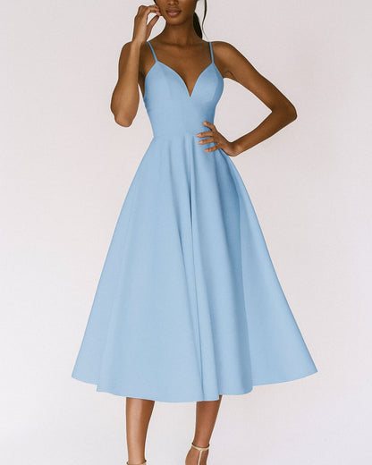 Elegant Satin Midi Dress for Women with V Neck Spaghetti Strap Crisscross Back Fit Flare Wedding Guest Style