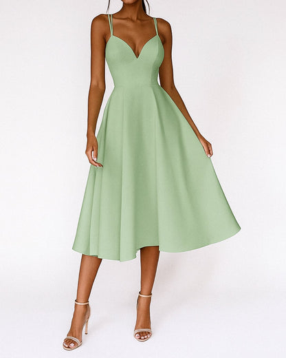 Elegant Satin Midi Dress for Women with V Neck Spaghetti Strap Crisscross Back Fit Flare Wedding Guest Style