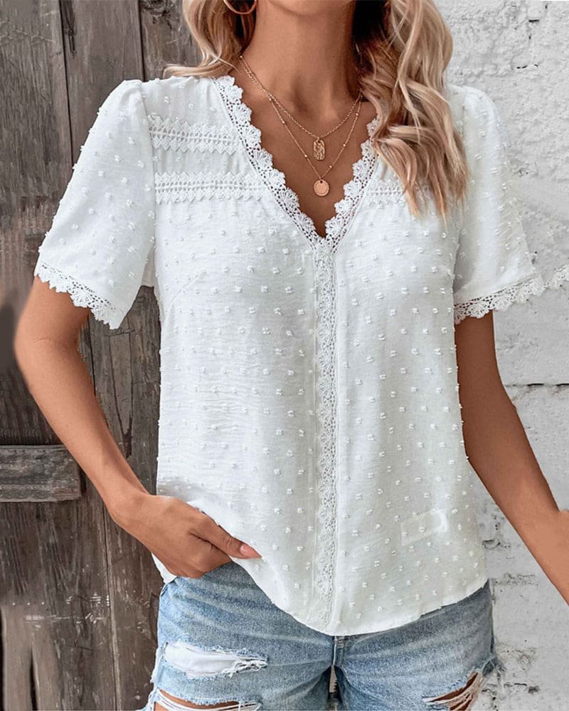 Effortless White Swiss Dot Blouse for Women with V Neck Short Sleeve Lace Trim Bohemian Style
