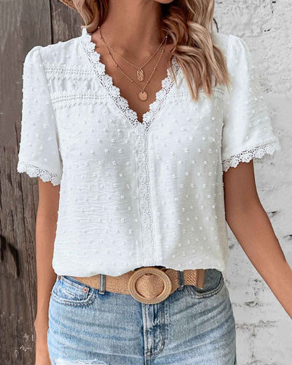 Effortless White Swiss Dot Blouse for Women with V Neck Short Sleeve Lace Trim Bohemian Style