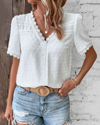 Effortless White Swiss Dot Blouse for Women with V Neck Short Sleeve Lace Trim Bohemian Style