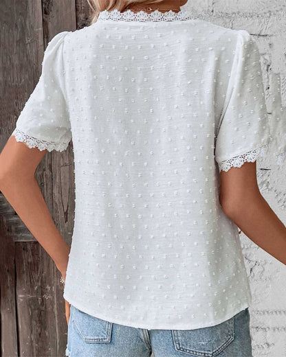 Effortless White Swiss Dot Blouse for Women with V Neck Short Sleeve Lace Trim Bohemian Style