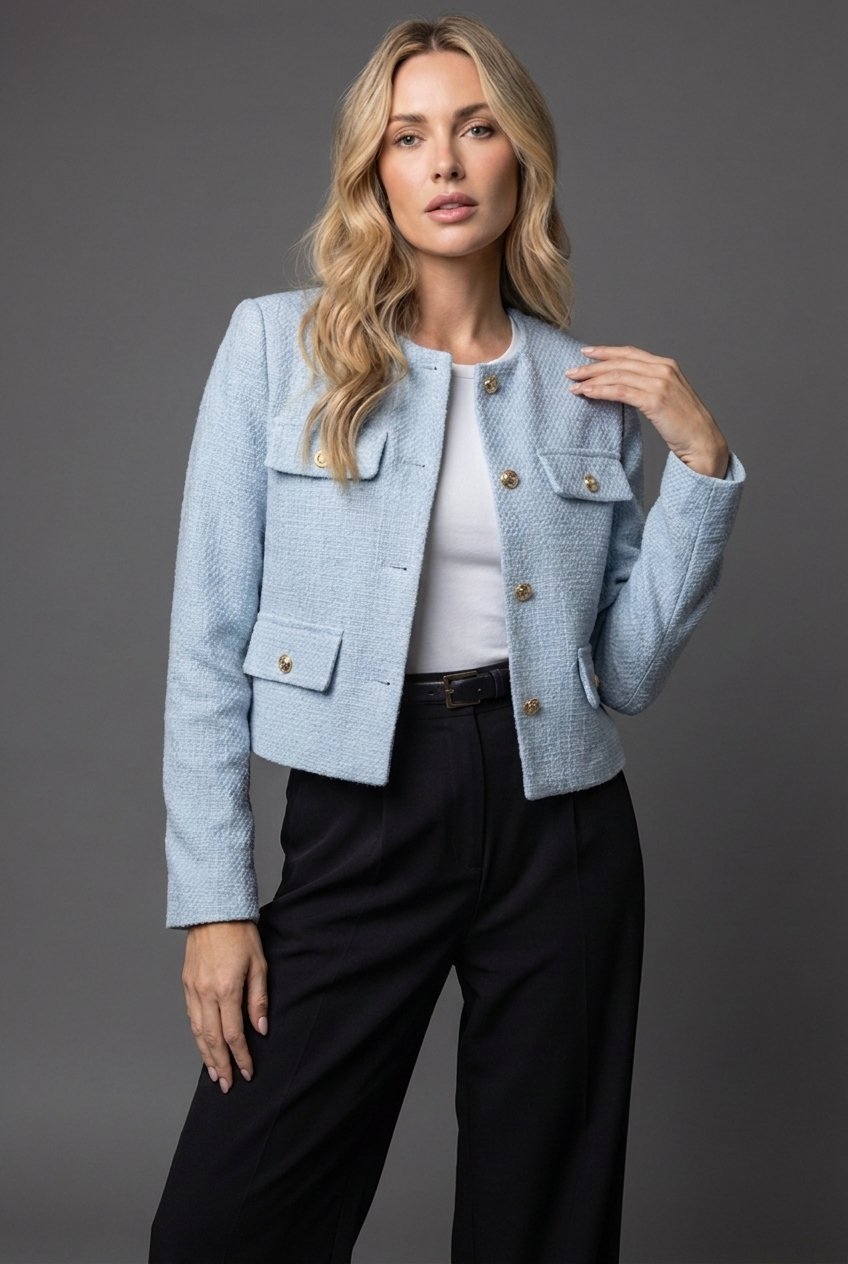 Elegant Tweed Jacket for Women with Collarless Long Sleeve Gold Button Cropped Style