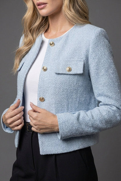 Elegant Tweed Jacket for Women with Collarless Long Sleeve Gold Button Cropped Style